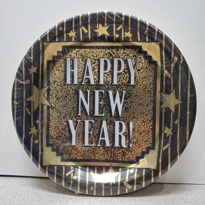 Paper Art New Years Glitter Dessert Plastic Coated Plates - 18 count