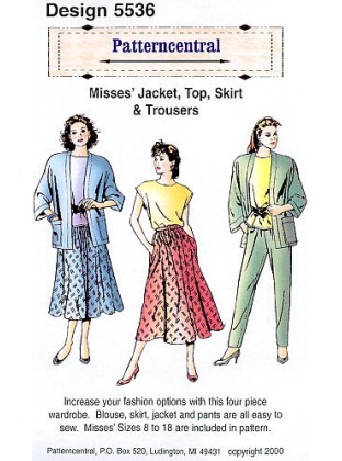 Increase your fashion options with this four piece wardrobe. Blouse, skirt, jacket and pants are all easy to sew.