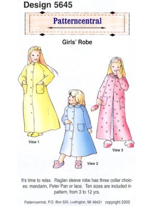 It's time to relax. Raglan sleeve robe has three colar choices; mandarin, Peter pan or lace. Ten sizes are included in this pattern, 3-12 years.